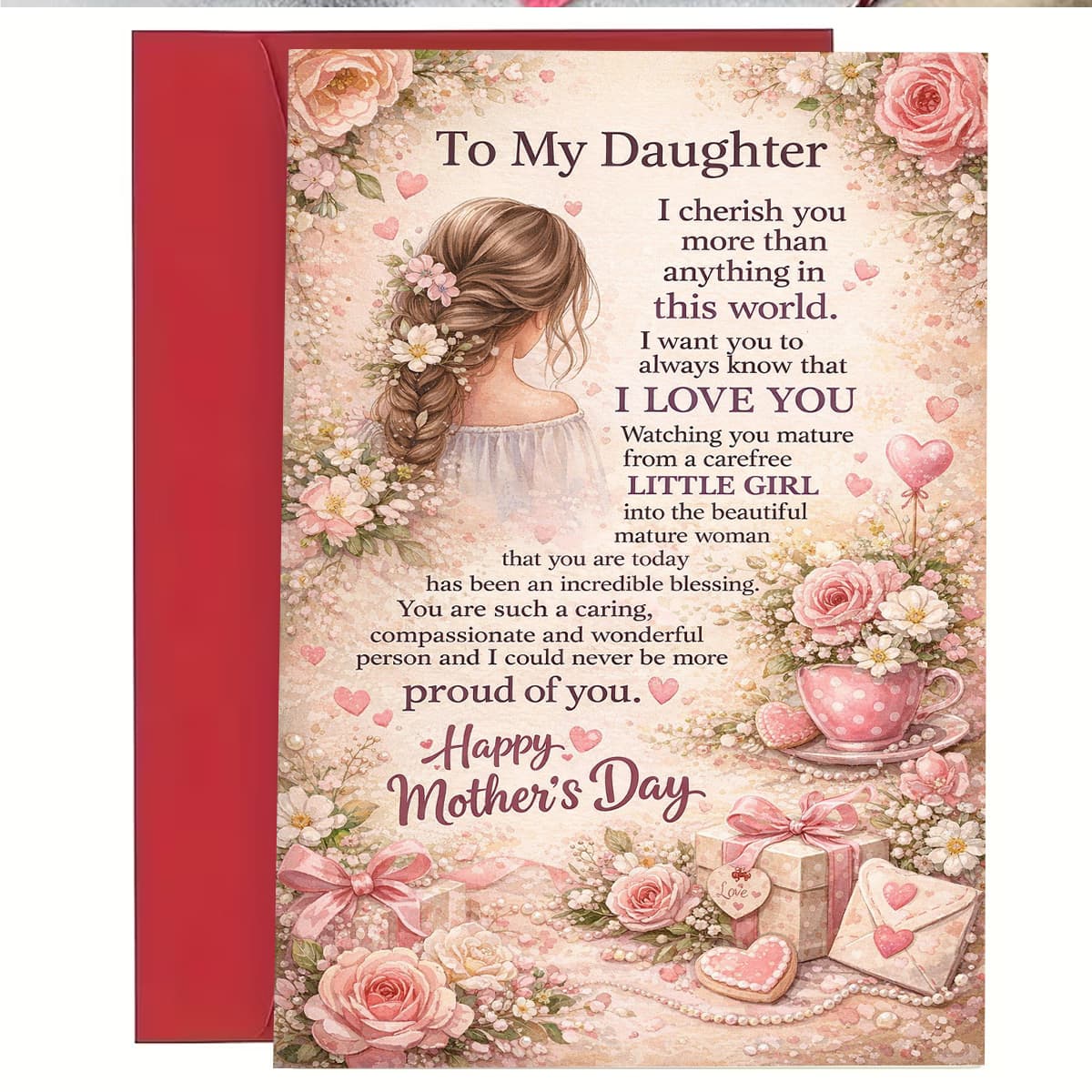 TEMU 1pc Mother Daughter Greeting Card Floral Romantic Gift Idea For Mothers Day From Mom To Daughter Keepsake Premium Cardstock With Envelope Vintage Aesthetic