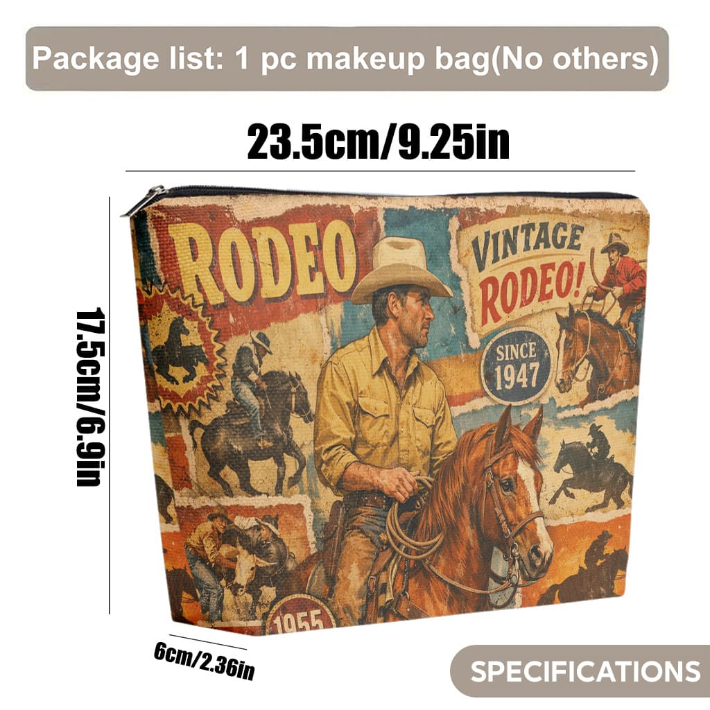 TEMU 1pc Horse & /cowgirl Poster Makeup Bag - Foldable Linen Toiletry With Zipper Closure, Suitable For Travel, Daily Use, Gift For , Birthdays, Graduations, Multicolor Rodeo Themed Portable Bag