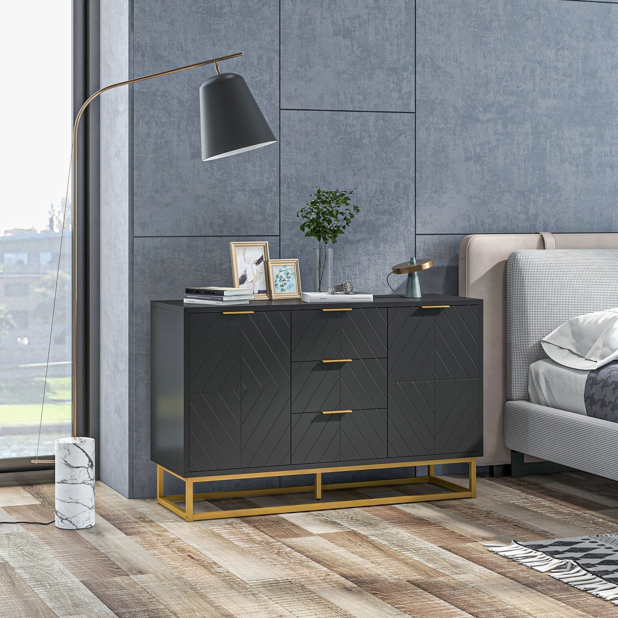 TEMU Homcom 3-drawer Sideboard, Contemporary Buffet Cabinet With 2 Door Cabinet And Adjustable Shelves, Kitchen Storage Cabinet, Steel Elevated Base Credenza, Black
