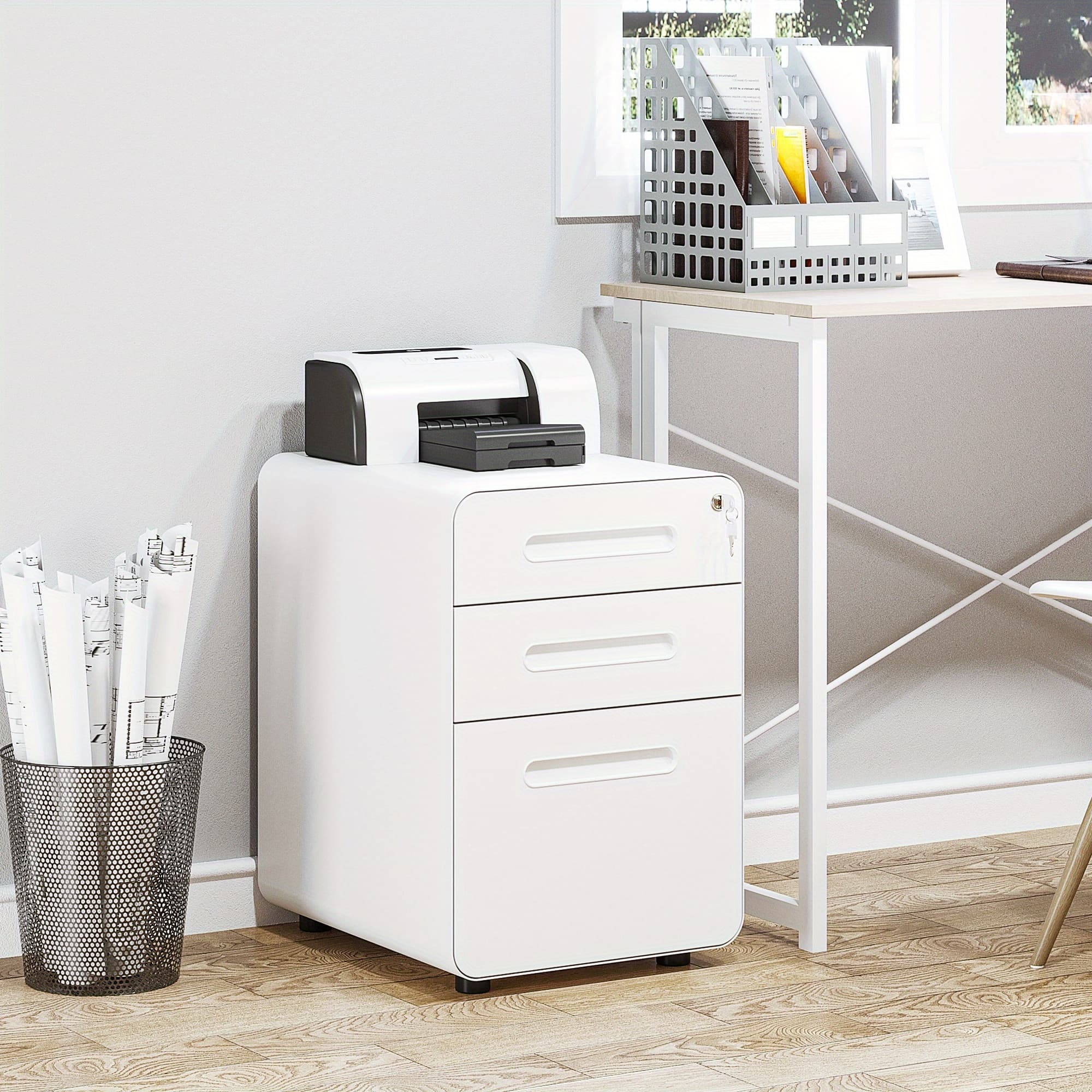 TEMU Vinsetto 3 Drawer File Cabinet With Lock And Wheels, Under Desk Mobile Filing Cabinet For Legal, A4, Letter Size, For Home Office, White