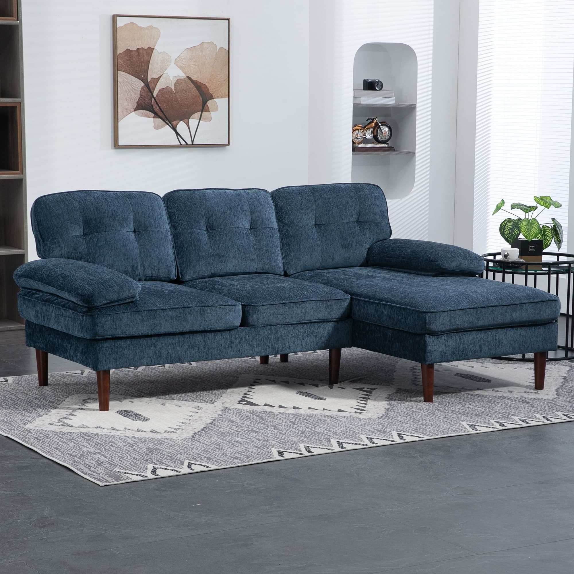 TEMU Homcom Sofa, Three-seat Couch Featuring Wooden Legs And Armrests, Tufted Corner Sofa With Right Side Chaise Lounge For Living Room Or Bedroom, Navy Blue Color