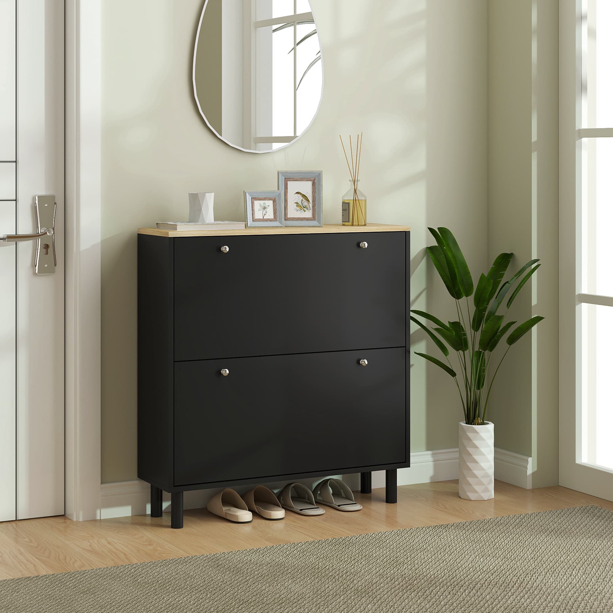 TEMU Modern Hardwood Shoe Cabinet With 2 Flip Drawers And Adjustable Shelves, Floor Mounted Narrow Storage For Entryway Hallway, No Electricity Needed, Black, Shoe Storage Cabinet, Homcom