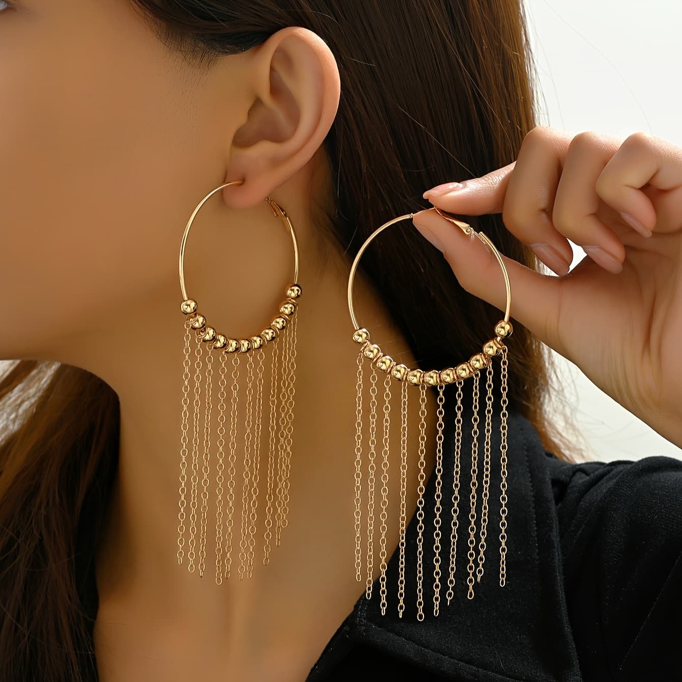 TEMU A Pair Of Stylish, Elegant, And Minimalist Tassel Round Bead Hoop Earrings
