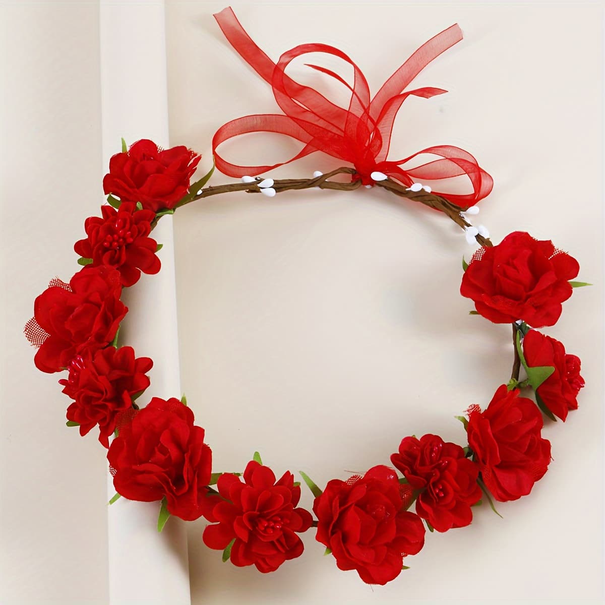 TEMU 1pc Women's Red Rose Interspersed Lace Adjustable Size Wreath