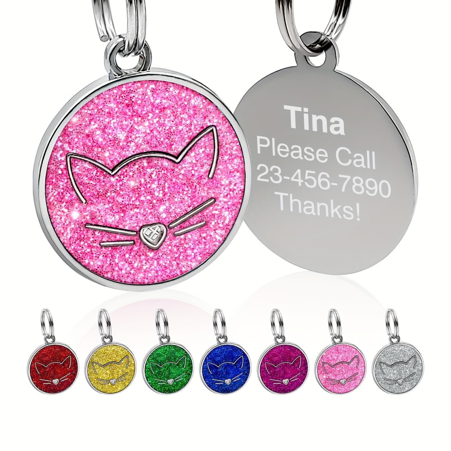 TEMU [customized] Round Cat Face Glitter Dog Tag - Total
