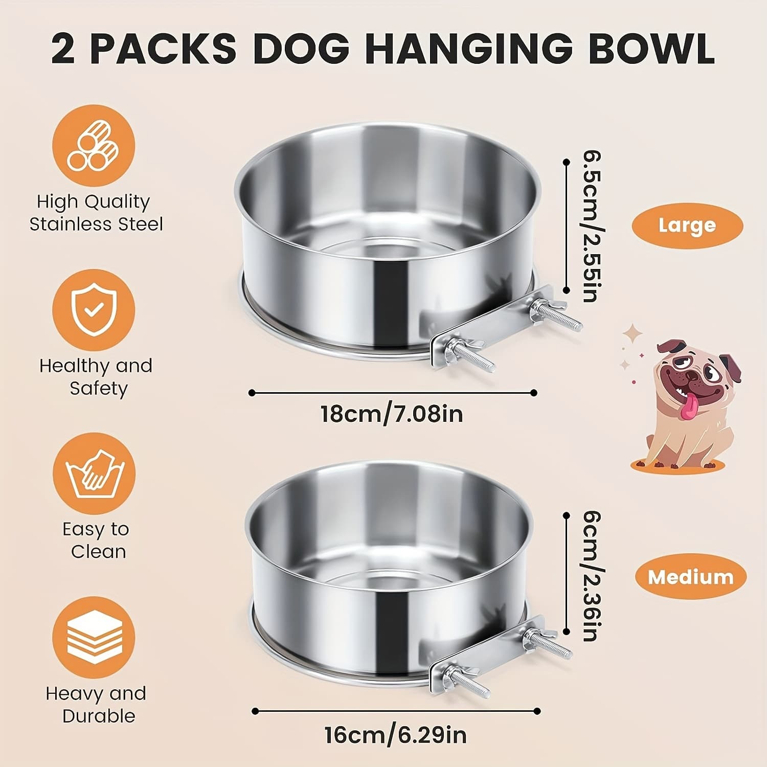 TEMU 2pcs Dog Bowl Stainless Feeder Water Bowl Food Bowl Teddy Bulldog Dog Cage Additions