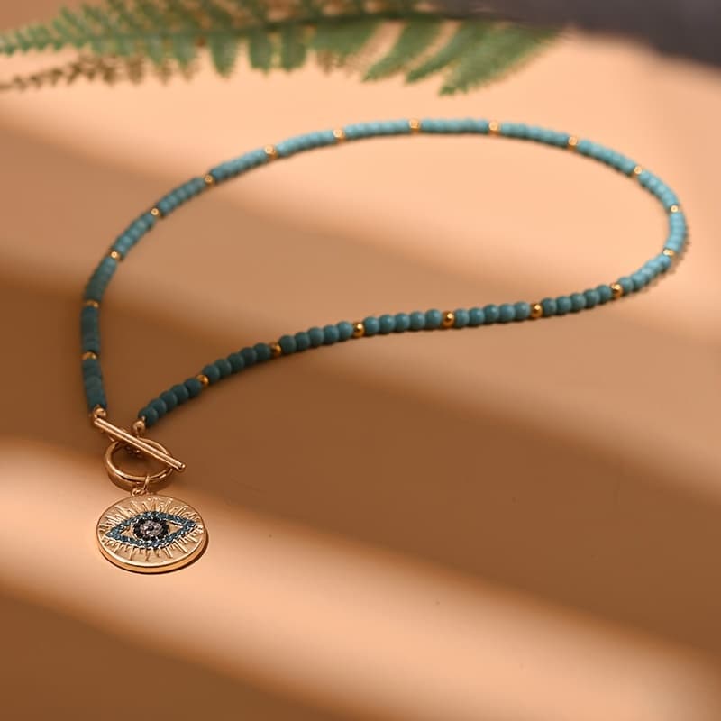 TEMU Chic 4mm Necklace For Women - Round Evil Charm Pendant, Boho Style, Synthetic Gemstone, Ideal For Daily Wear & Parties