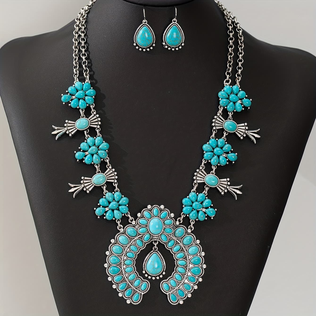 TEMU 1 Pair Of Earrings + 1 Necklace Boho Style Jewelry Set Silvery Plated Inlaid Turquoise Exaggerated Match Daily Outfits Gift For Her