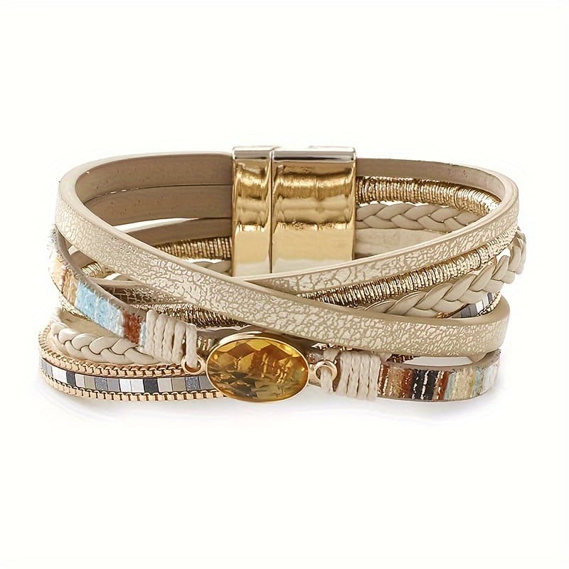TEMU A Bracelet From Faux Leather With A Striped Pattern, Embellished With Synthetic Crystal Beads, Tailored For Bohemian Women, Showcasing A Design For Men's And Women's Additions