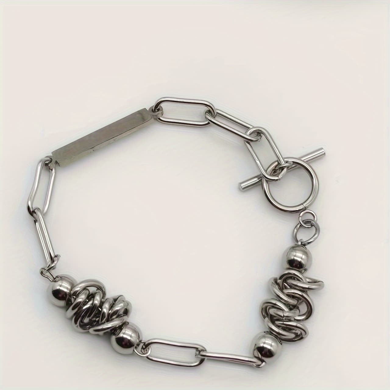 TEMU Trendy Hip-hop 304 304 Stainless Steel Chain Spliced Bracelet, Unisex Hip-hop Versatile Titanium 304 304 Stainless Steel 304 304 Stainless Ot Jewelry