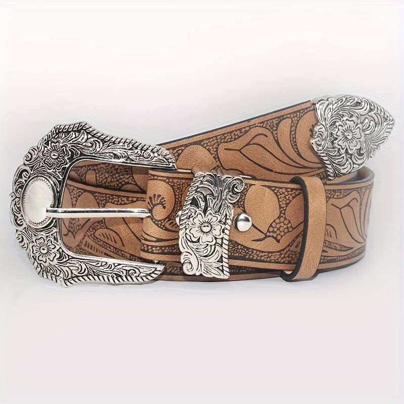 TEMU Western Carved Belts Vintage Flower Embossed Solid Color Pu Waistband Pants Belts For Women