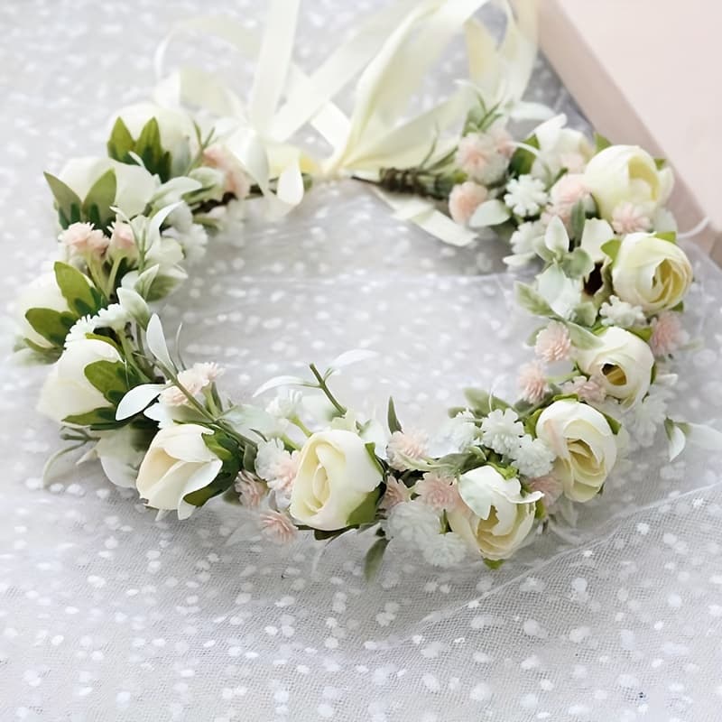 TEMU Style Faux Rose Flower Garland Bride Beach Vacation Photo Headband