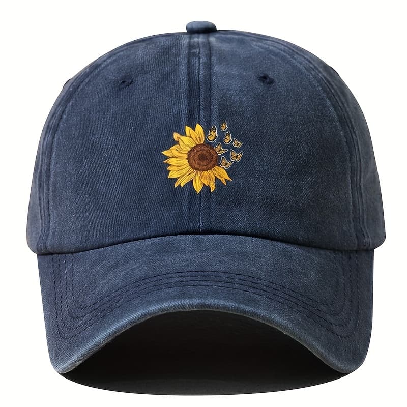 TEMU 1pc Unisex Sunshade Washed Distressed Baseball With Sunflower Pattern For Outdoor Sport, For Gifts