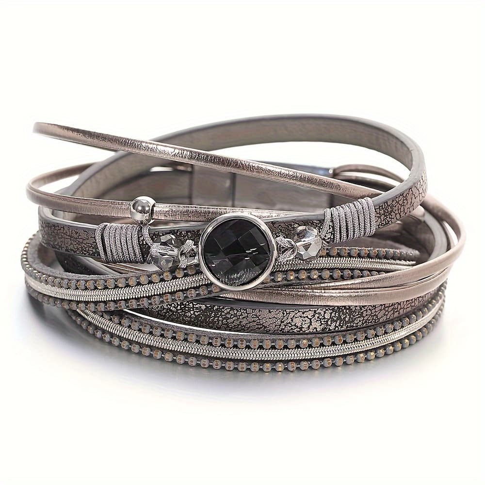 TEMU 1pc Vintage Round Artificial Crystal Beads Artificial Leather Bracelets For Women Bohemian Long Chain Multilayer Wrap Bracelet Jewelry Gifts
