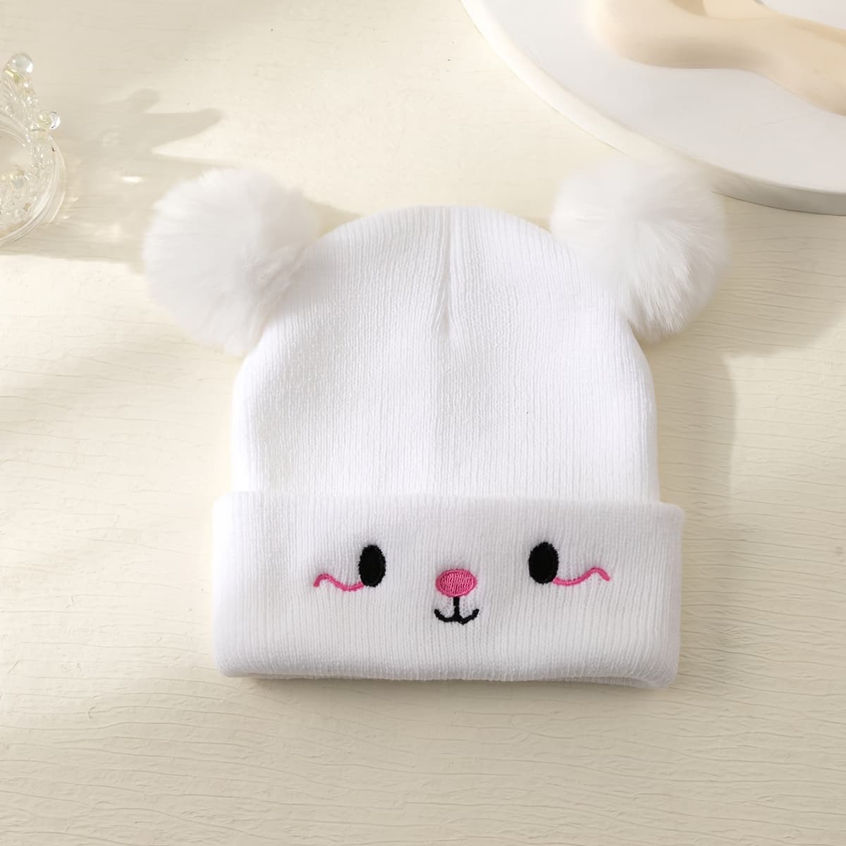 TEMU 1pc Of A Knitted Hat With Embroidery In A Solid Color, Featuring Double Ball Decorations, Ideal For Keeping Warm And Windproof During Winter