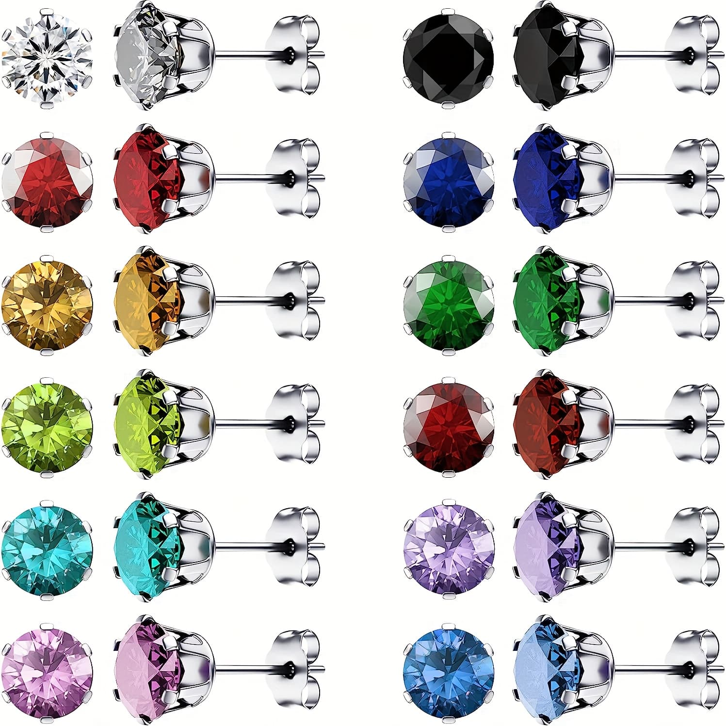 TEMU 24pcs Exquisite Shiny Women Hypoallergenic Colorful Synthetic Zirconia Stud Earrings Set, Bohemian Round Sparkling Earrings With Free Piercing Tool, Jewelry Gifts For Birthday Wedding Anniversary