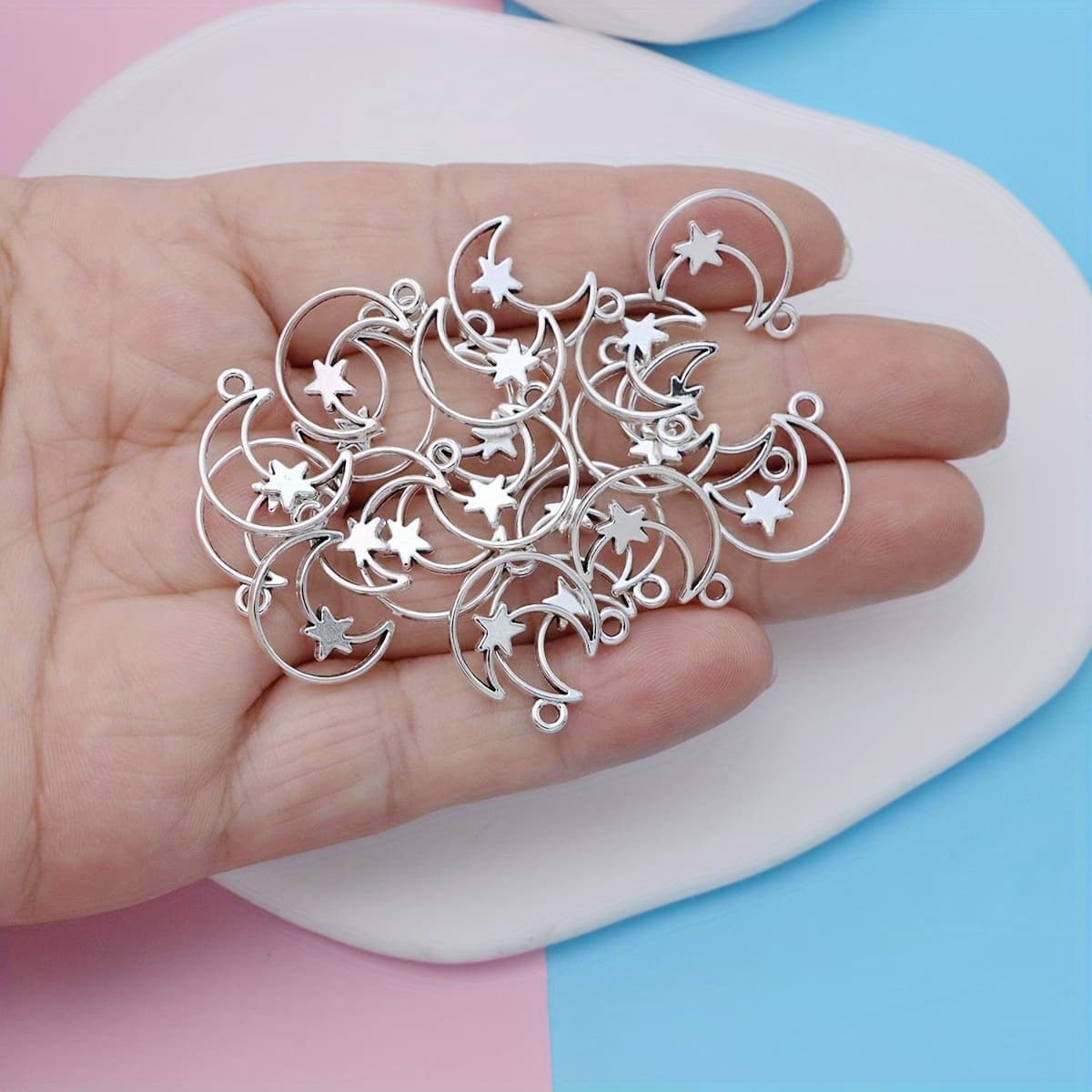 TEMU 20pcs Antique Silvery Plated Moon Star Charms Pendants For Jewelry Making Bracelet Diy Craft Accessories, Gift For Eld, Gift For Ramadan