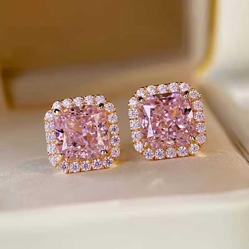 TEMU Luxury Synthetic Zirconia Pink Gemstone Stud Earrings For Women, Elegant Earrings For Wedding, Engagement, Party, And Daily Wear ()