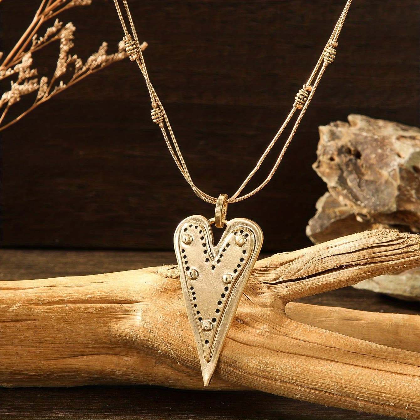 TEMU Bohemian Style Vintage Golden Heart Pendant Necklace With Double Layers Of Chains For Parties And Vacations