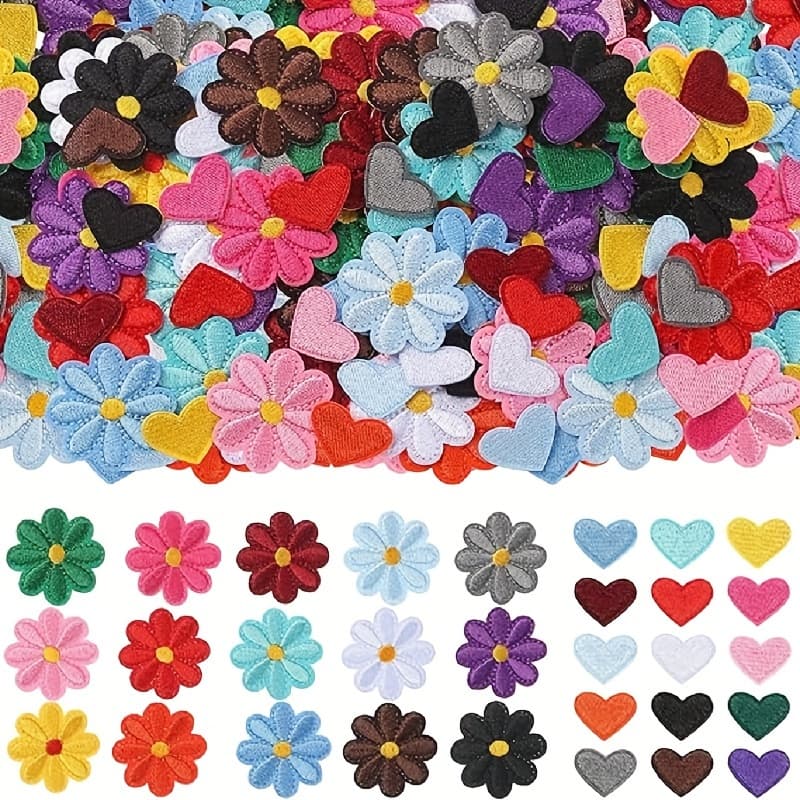 TEMU 60pcs Of Iron-on Patches Featuring Flowers, Hearts, And Mini In Colors, Perfect For Clothing Repairs And Crafts