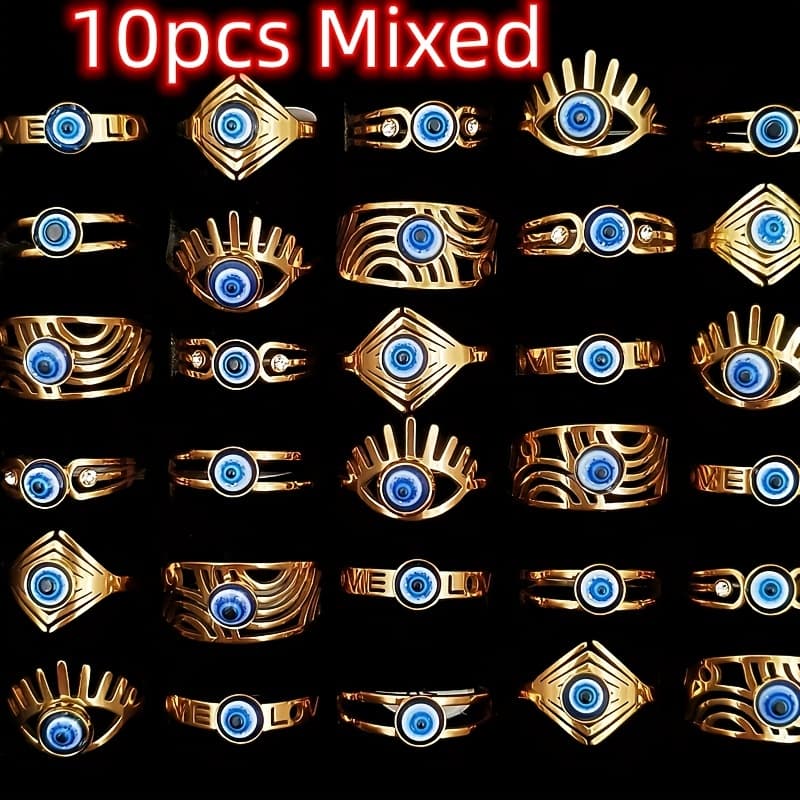 TEMU 10//50pcs/lot Vintage Stainless Steel Eye Rings For Men And Women Wholesale Geometric Fashion Jewelry Mixed Model Random Shipment Without Box Opp Bag