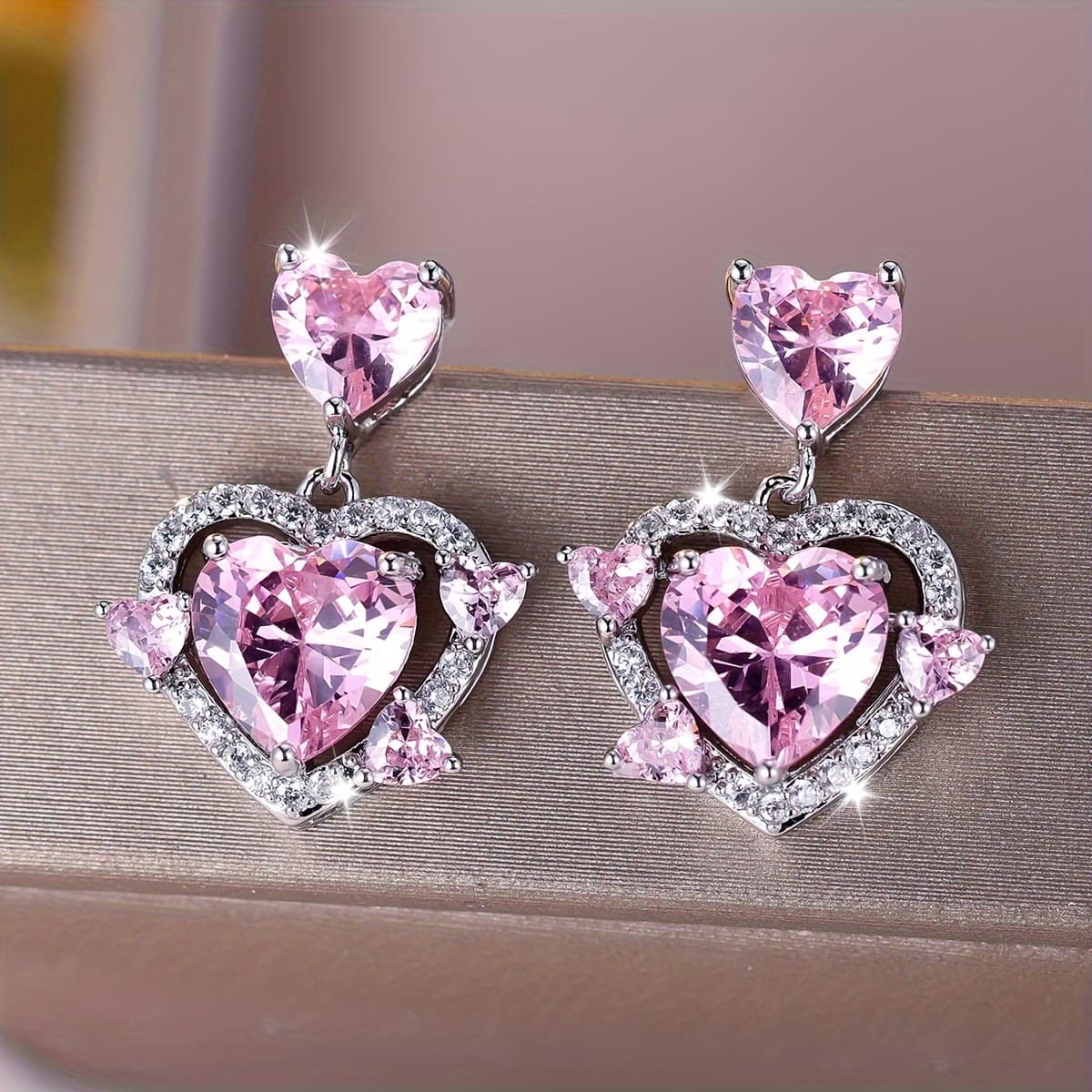 TEMU Luxurious Pink Synthetic Zirconia Heart Women's Fashion Pendant Earrings Party Birthday Gift Engagement Wedding Earrings