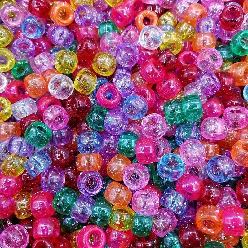 TEMU Vibrant 6x9mm Glittery Pony Beads - Colorful Transparent Plastic, Large Hole Beads For & Braided Hair Accessories, Ideal For Crafting And Embellishments, Beads For Jewelry Making