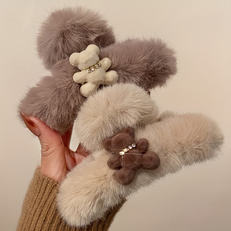 TEMU Chic Plush Bear Hair Claw Clip - Elegant & For Thick, Curly, Straight Hair - Perfect Valentine's Day Or New Year's Accessory For Women