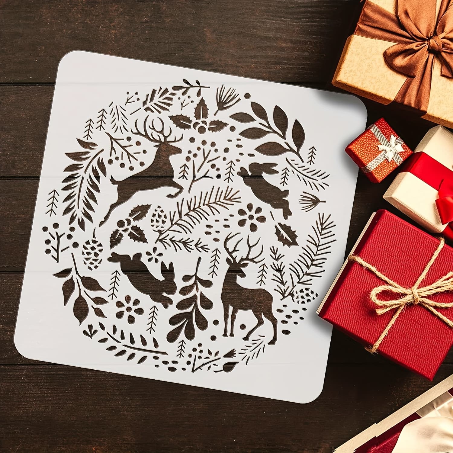 TEMU 1pc Christmas Forest Painting Stencil 11.8x11.8inch Reusable Deer Rabbit Stencil For Painting Large Round Christmas Forest Plants Flowers Leaves Drawing Template Christmas Theme Stencil