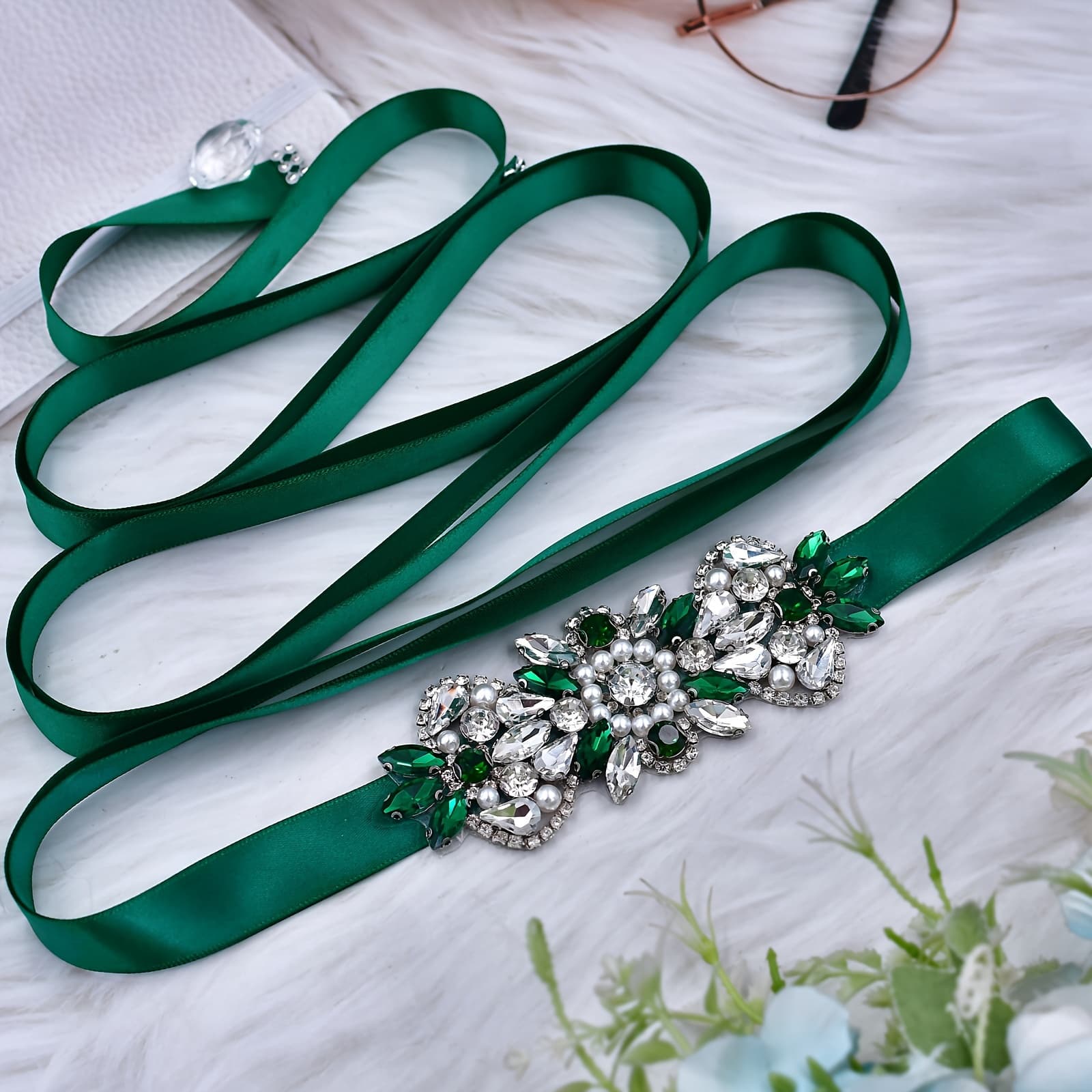 TEMU Elegant Evening Dress Waist Belt Bridal Wedding Accessory, Trade Princess Dress Bowknot Waistband, Christmas Green Waistband Shimmering Decoration