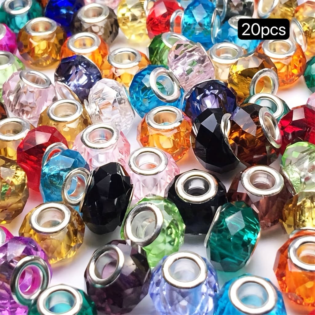 TEMU 20pcs Mixed Color Large Hole Glass Beads With Silvery/, Making Supplies For Necklaces And Bracelets, Semi-finished Jewelry Accessories