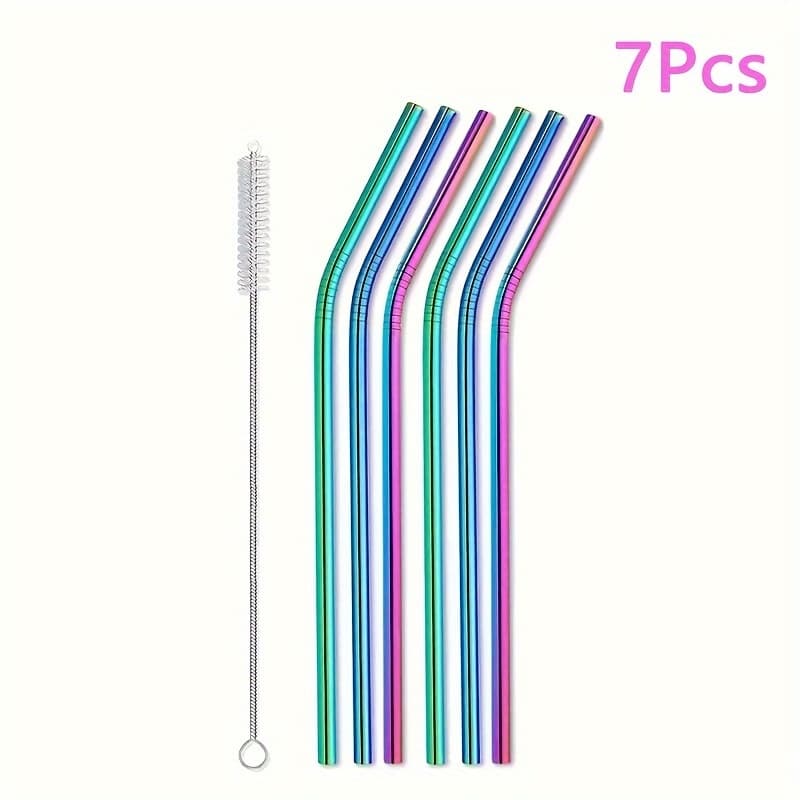 TEMU 7pcs Stainless Steel Straws Metal Bar Drink Straws Straws, Reusable Straws Water Cup Straw Set Includes 6 Straws 21, 5cm/8, 46inch + A Cleaning Brush 20cm/7, 87nch (fantasy/silver)