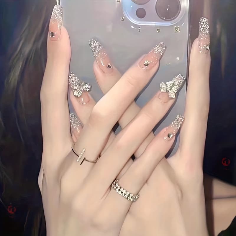 TEMU 24pcs Spring Summer Fake Nails, With Decor, Pressed On Fake Nail Artificial Finger Nail For Women & With 1 Jelly Glue