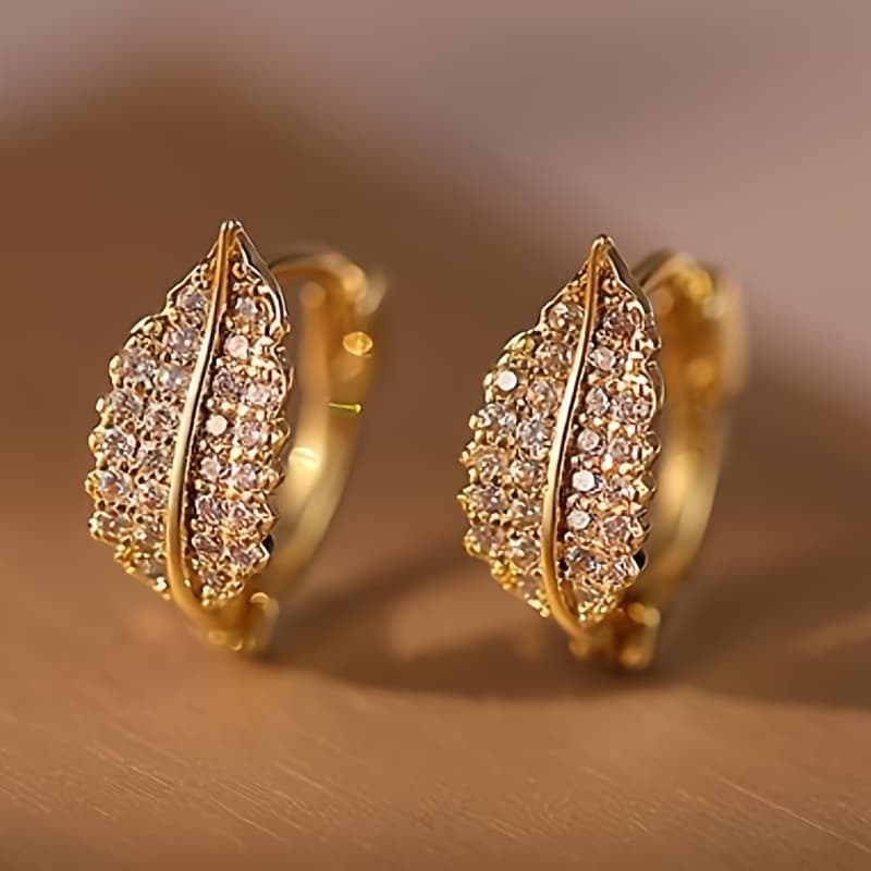 TEMU Exquisite Leaf-shaped Zirconia Hoop Earrings For Women, Perfect For Parties And