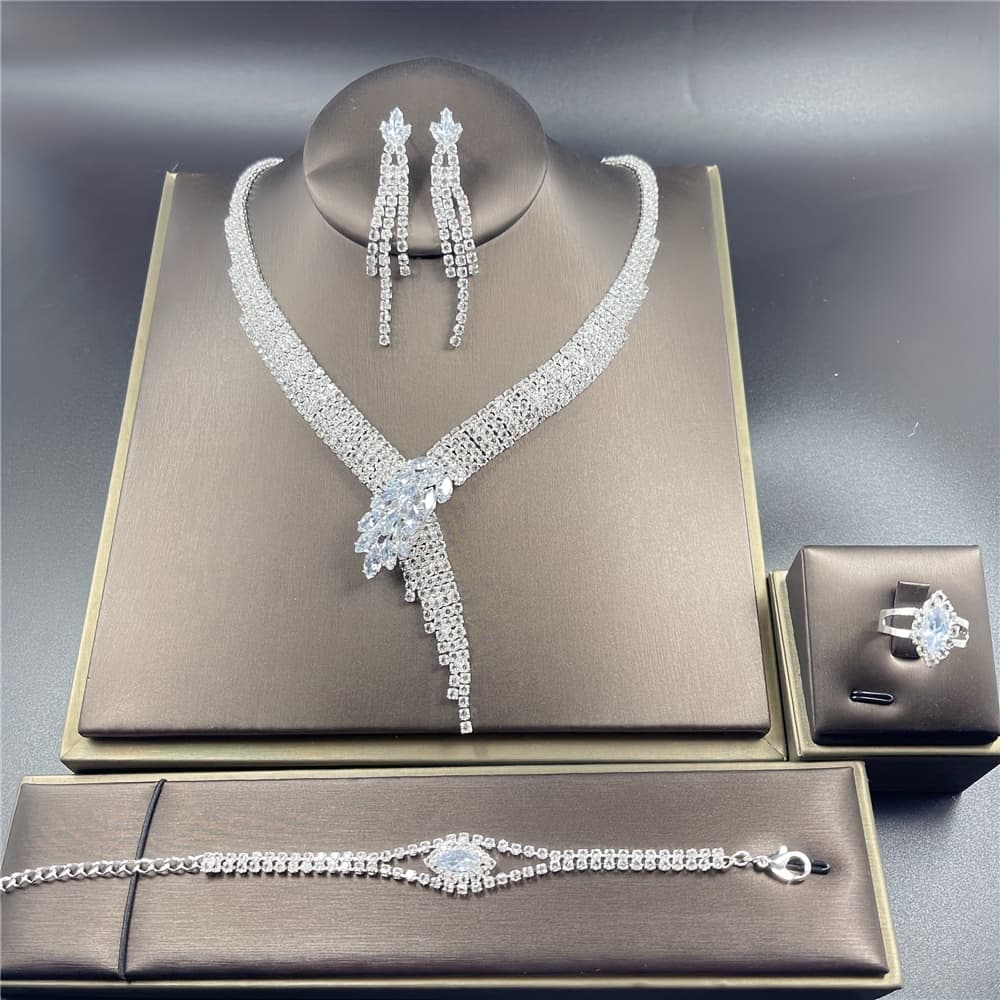 TEMU [popular ] 4pcs Elegant Artificial Crystal Jewelry Set - V-shaped Tassel Necklace, Dangle Earrings, Bracelet & Ring - Perfect For Parties & Banquets - Gift Set, Vintage Jewelry