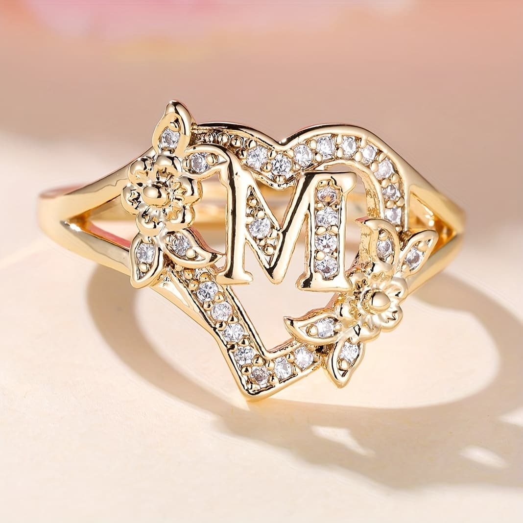 TEMU Angol Adjustable Cuff Ring For Women - Vintage & Boho Style, Golden-tone With Floral And Letter Design, Perfect For Weddings And Parties, Gift For Her, Adjustable Jewelry, Boho Adjustable Ring