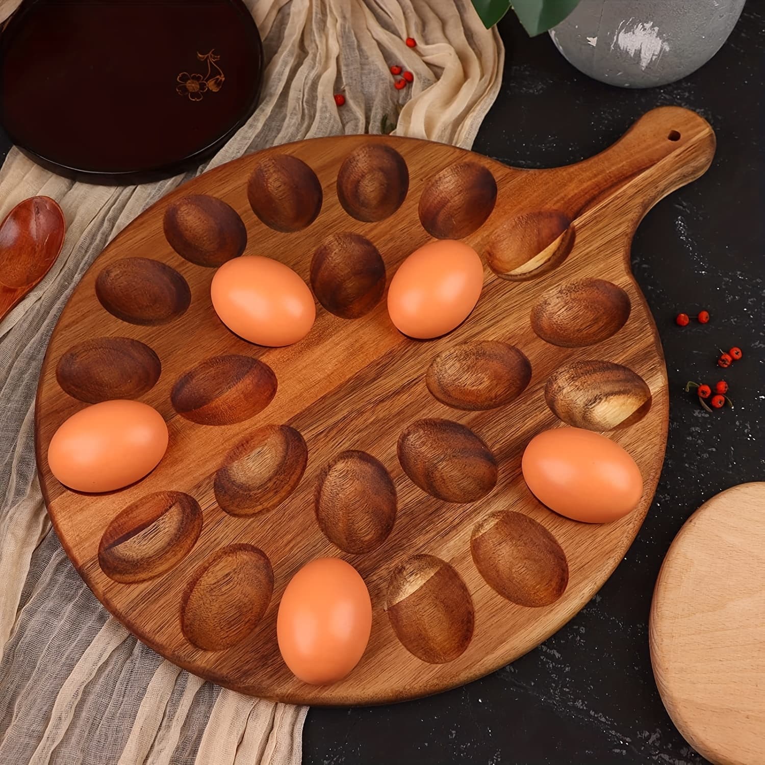 TEMU 1 Double Sided Wooden Egg Tray With Handle, Deviled Egg Tray Container Holder, Board, Cutting Board, Cheese Board, 24- Cheese Board, Cutting Board, Kitchen Supplies, Cutlery, Dessert Plate