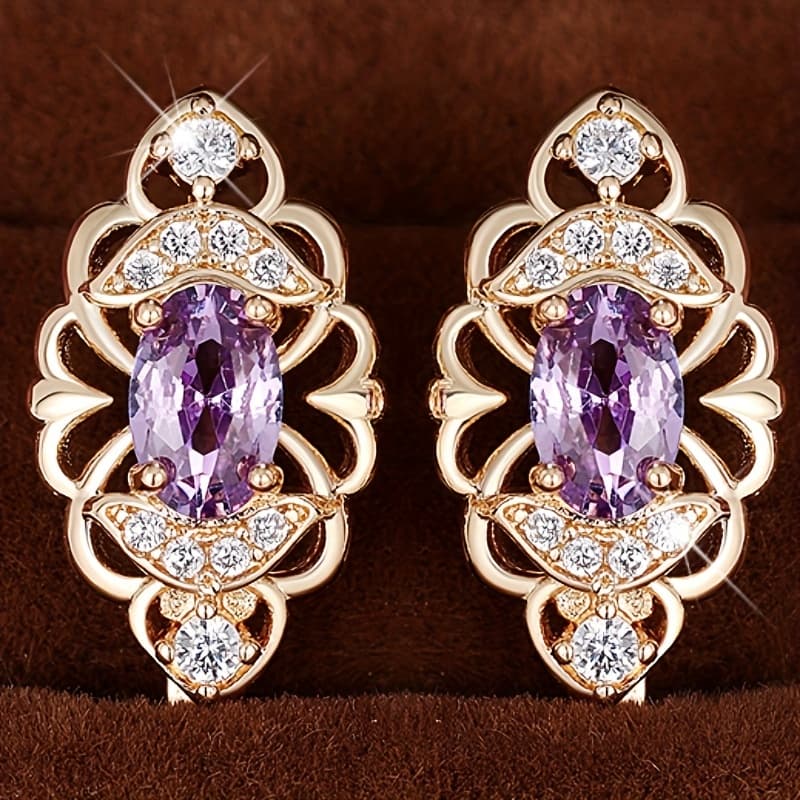 TEMU Exquisite 18k Gold-plated Purple Gemstone Hoop Earrings, Elegant Women's Earrings