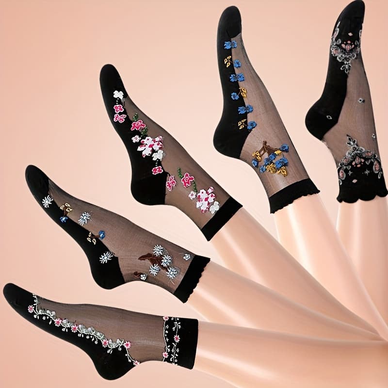TEMU 5 Pairs Of Summer Thin Jacquard Glass Breathable Mid-tube Socks
