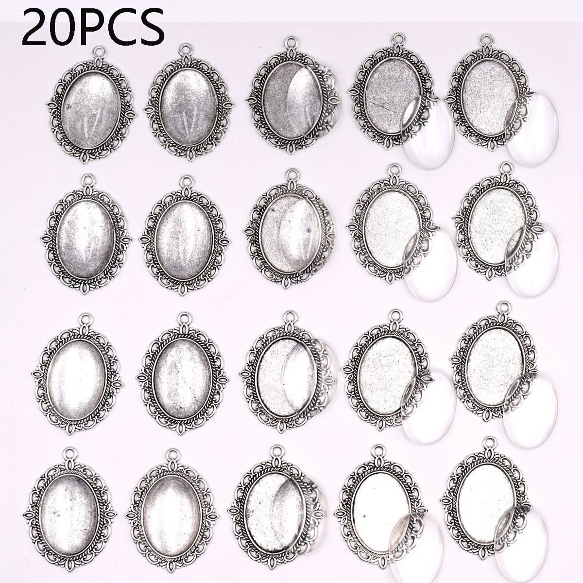 TEMU 20pcs Alloy Inner 1.8*2.5cm Oval Lace Bottom Pads With Transparent Glass Patches For Diy Necklace Bracelet Jewelry Making