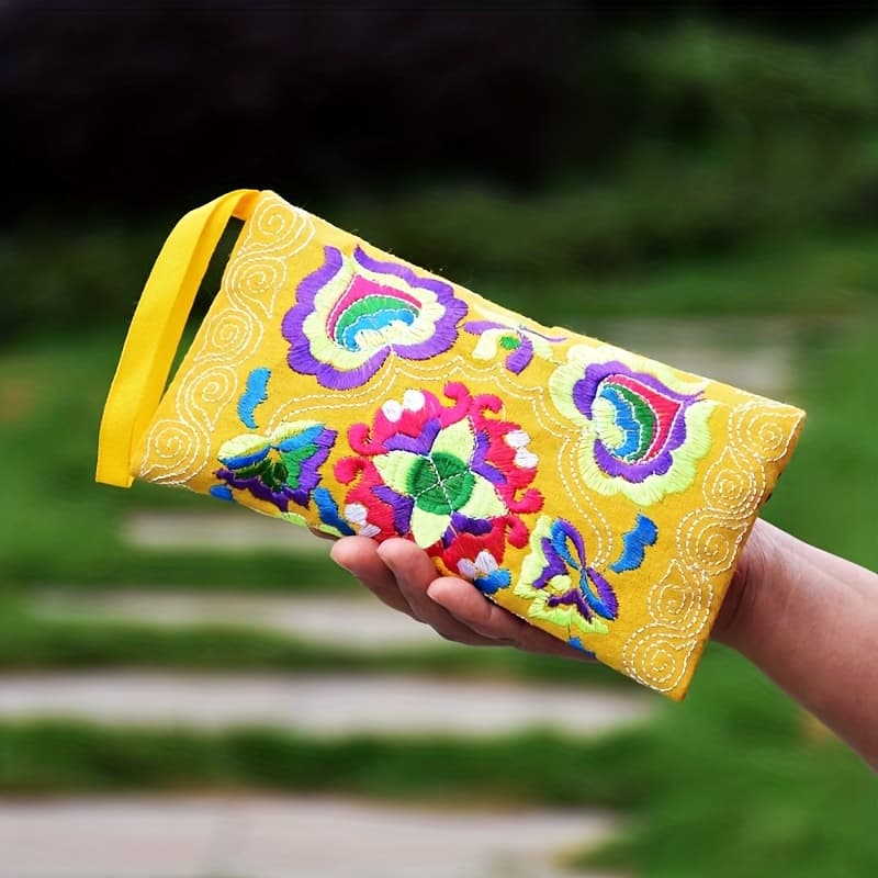 TEMU Flower Embroidered Wallet, Fabric Coin Bag, Women's Zipper Square Wrist Purse