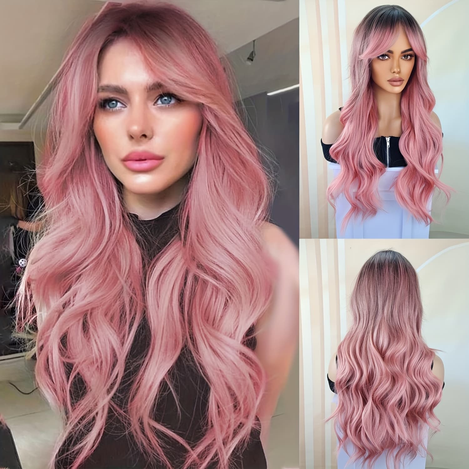 TEMU Pink Wavy Synthetic Wig With Tassels, Brown Female Party Role-playing, Daily