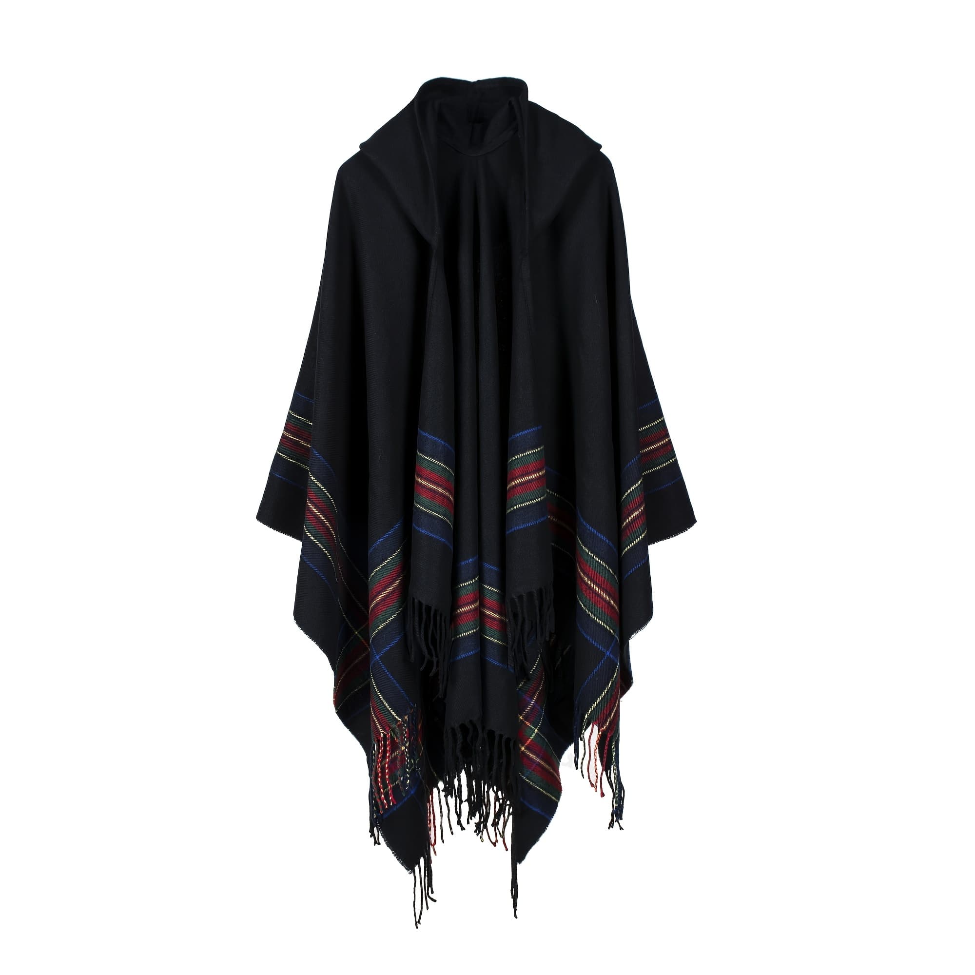 TEMU Oversized Scottish Striped Shawl Hooded Casual Inelastic Thick Tassel Cardigan Autumn Winter Outdoor Windproof Coldproof Blanket Shawl Cloak