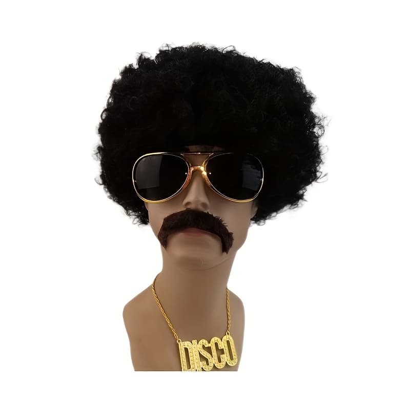 TEMU 5pcs/set African Wigs, Men's Clothing Wig Disco Natural Fluffy Short Black Curly Synthetic Wig, Christmas Role-playing Party (wig, Glasses, Necklace, Beard, Wig ), For Gifts