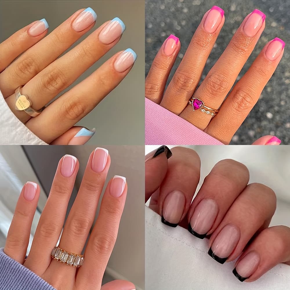 TEMU 4 Packs (96pcs) Glossy Short Square Press-on Nails With French Pointed Tips, Matching 2pcs Jelly Gels And 1pc Nail File Minimalist Style Full Set Women Fake Nails