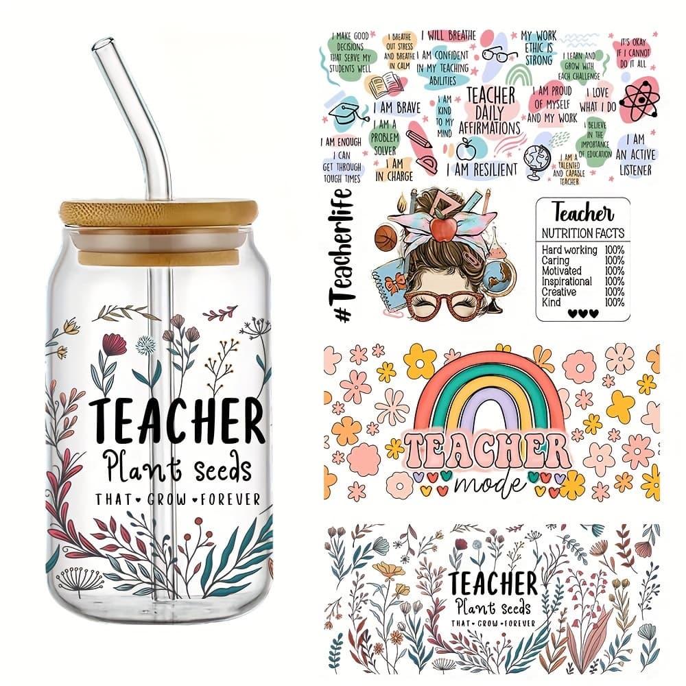 TEMU 4pcs Teacher Uv Dtf Cup Wraps Decals Waterproof Transfer Stickers Dly Flash For Helibbey Glass 160z Cup Wraps Fashion Women Decals Diy Crafts