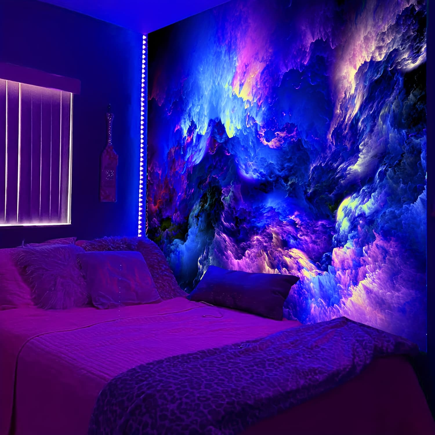TEMU 1pc Colourful Modern Fluorescent Tapestry, Outer Space Uv Blacklight Tapestry, Wall Hanging For Living Room Bedroom Office Home Decor/room Decor/party Deco, With Free Installation Package