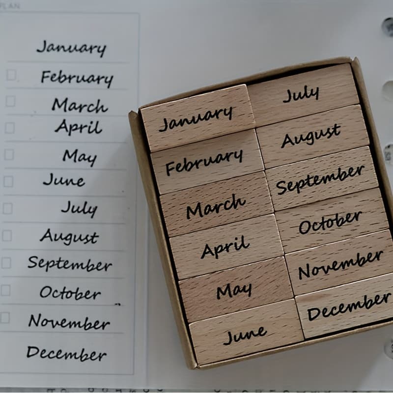 TEMU 12pcs/box Retro Simple Monthly Planner Wooden Stamp Series