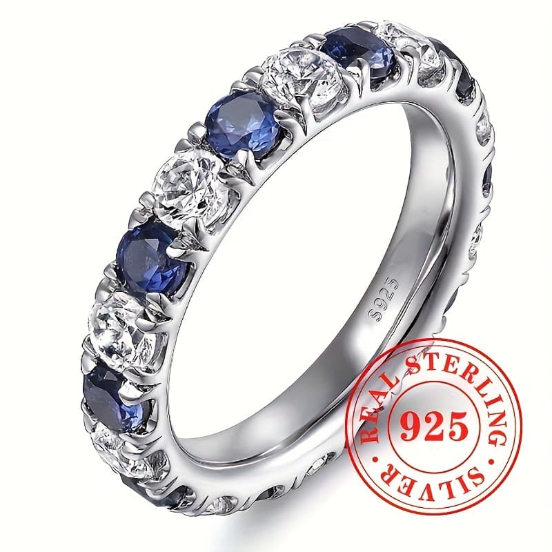 TEMU 925 Sterling Silver Easy And Fashionable Set With Blue And White Synthetic Zirconia Ring For Women's Vacation And Leisure Party Jewelry. Valentine's Day Gift For To