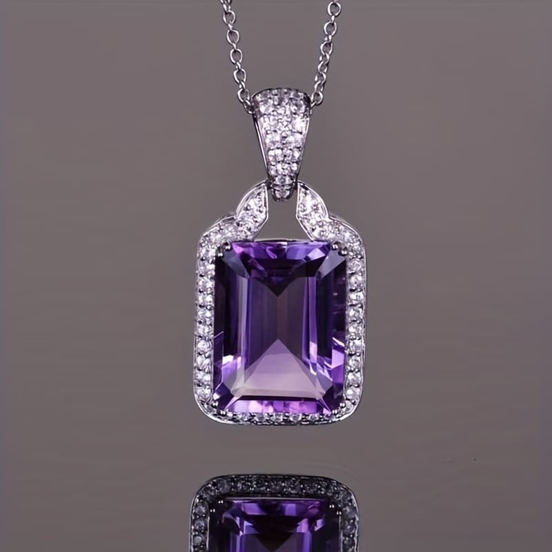 TEMU 1pc Women's Fashion Pendant Necklace Synthetic Purple Zirconia Rectangular Cut Pendant Necklace Women's Party Banquet Outfit Elegant Accessory Fashion Gift